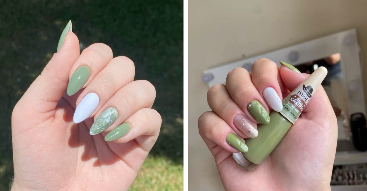 Unhas Decoradas verde com branco